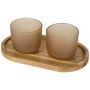 Set de bandeja de madera y vasos de vidrio con acabado mate 