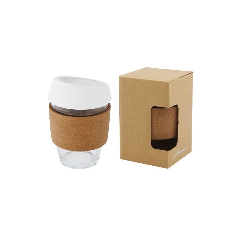 Bicchiere termico in vetro borosilicato da 360 ml con manico in sughero e coperchio in silicone "Lidan"