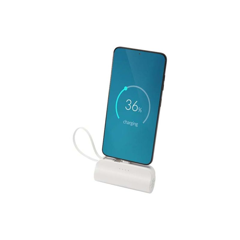 Powerbank Tipo-C de plástico reciclado de 5.000 mAh y 10 W con soporte articulado integrado y cable 2 en 1 "Alnair"