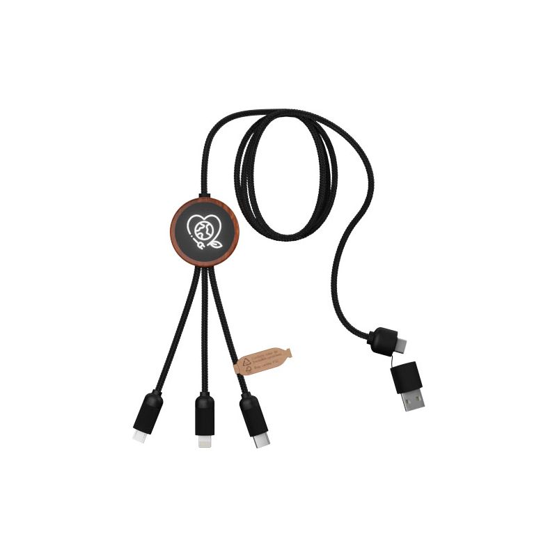 Cable de carga de 40 W con logotipo luminoso 5 en 1 de RPET con caja de madera redonda "SCX.design C37"