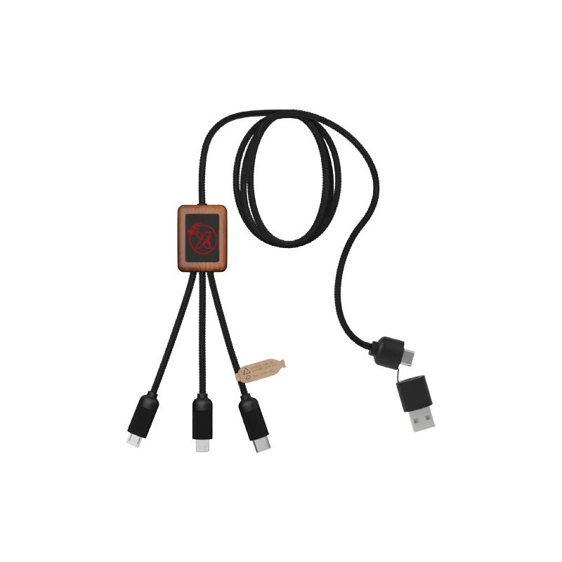 Cable de carga de 40 W con logotipo luminoso RPET 5 en 1 con caja cuadrada de madera "SCX.design C38"