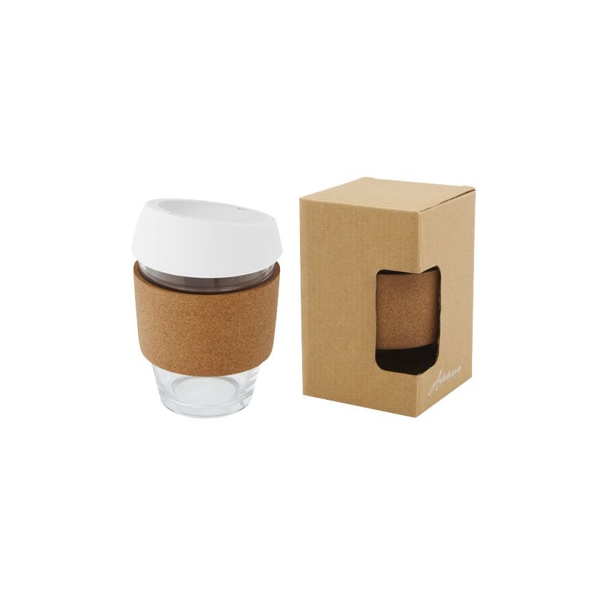 Bicchiere termico in vetro borosilicato da 360 ml con manico in sughero e coperchio in silicone 