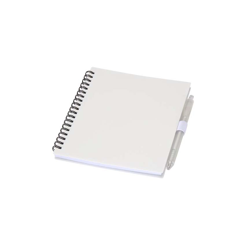 Set de bloc de notas de tapa blanda y bolígrafo de plástico reciclado (tinta azul) 