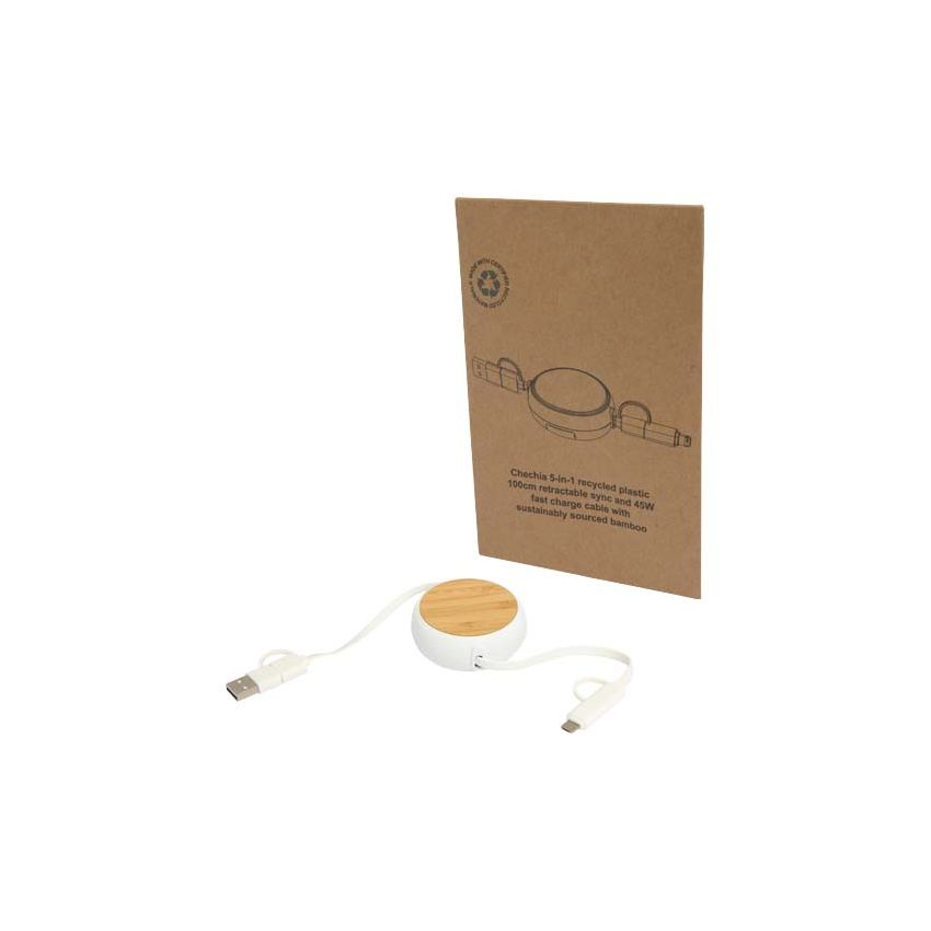 Cable retráctil de sincronización de datos y carga rápida de 45 W y 100 cm de plástico reciclado 5 en 1 con detalles de bambú 