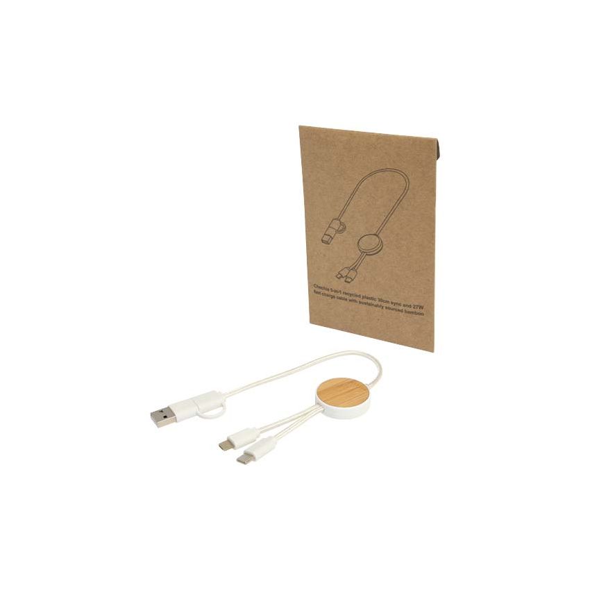 Cable de sincronización de datos y carga rápida de 27 W de 30 cm de plástico reciclado 5 en 1 con detalles de bambú 