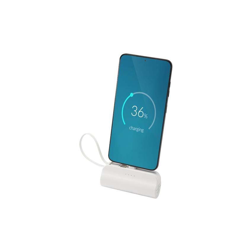 Powerbank Tipo-C de plástico reciclado de 5.000 mAh y 10 W con soporte articulado integrado y cable 2 en 1 
