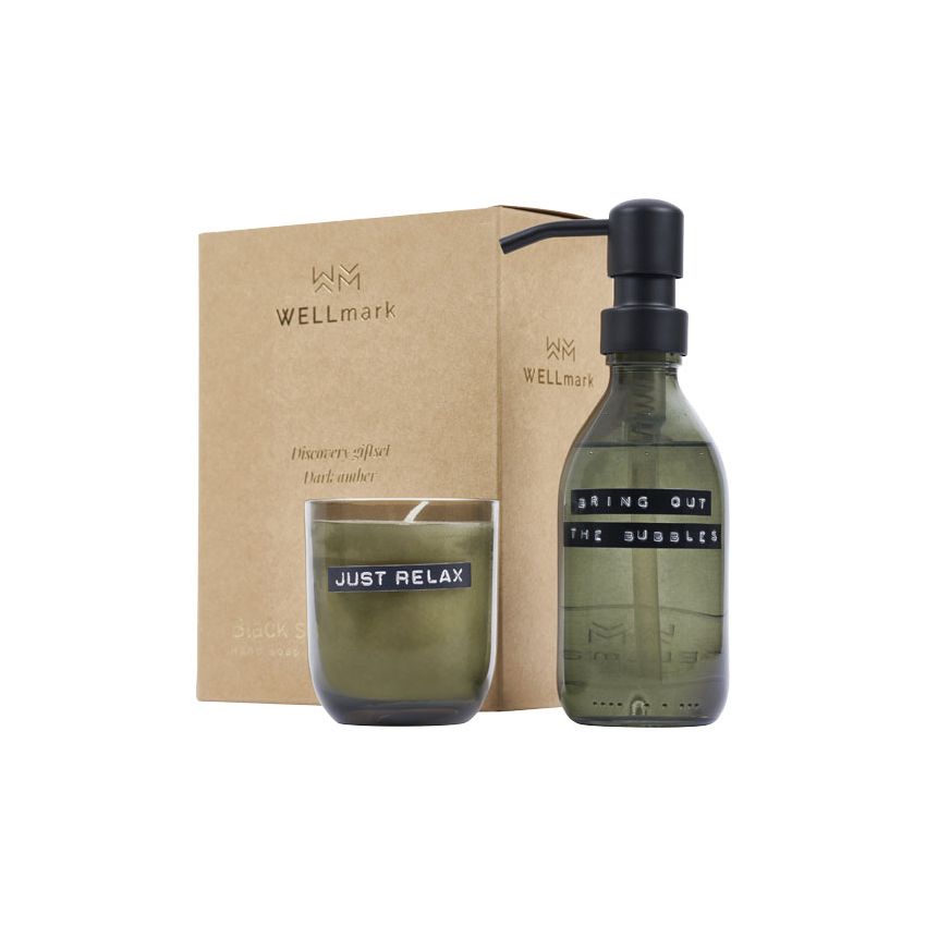 Set de jaboneras y velas perfumadas Wellmark Discovery de 200 ml y 150 g - fragancia ámbar oscuro