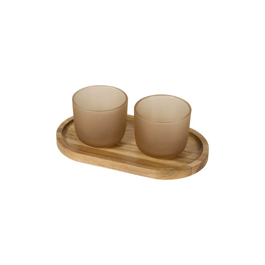 Set de bandeja de madera y vasos de vidrio con acabado mate 