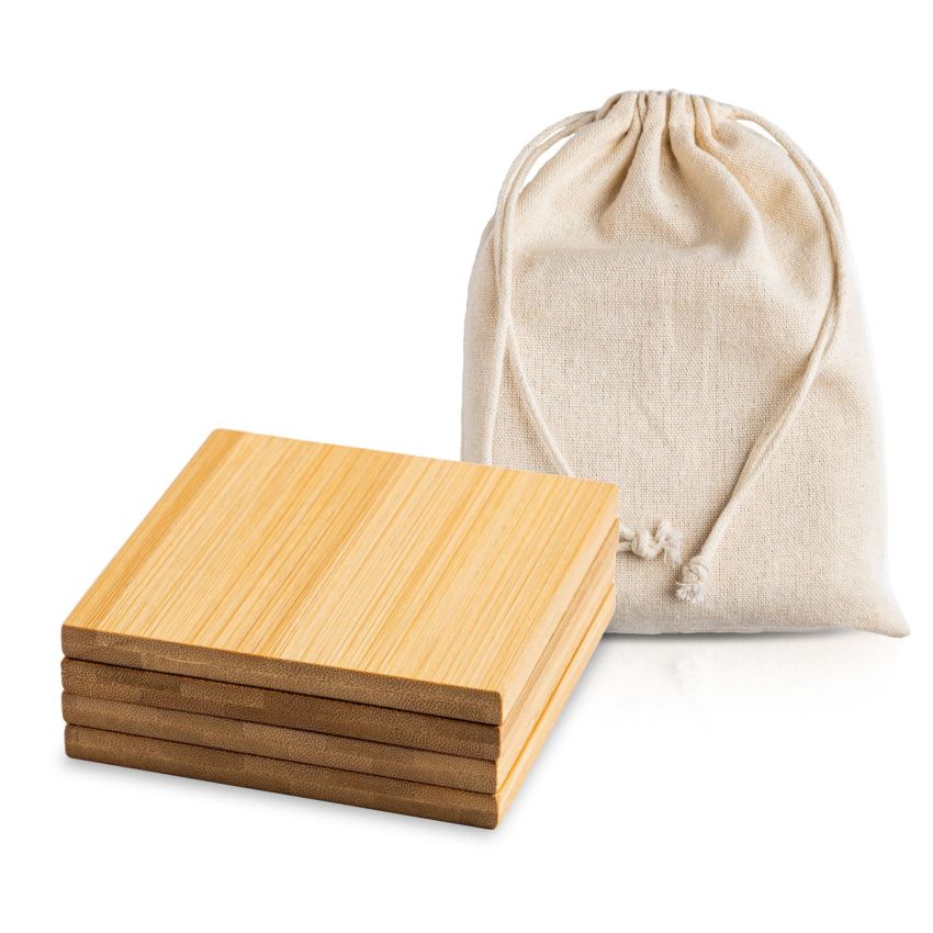 Bamcott Set de 4 posavasos de bambú para vasos, con bolsa de algodón