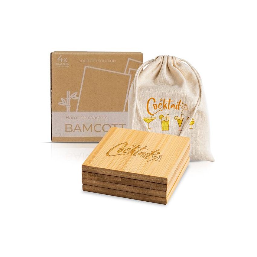 Bamcott Set de 4 posavasos de bambú para vasos, con bolsa de algodón