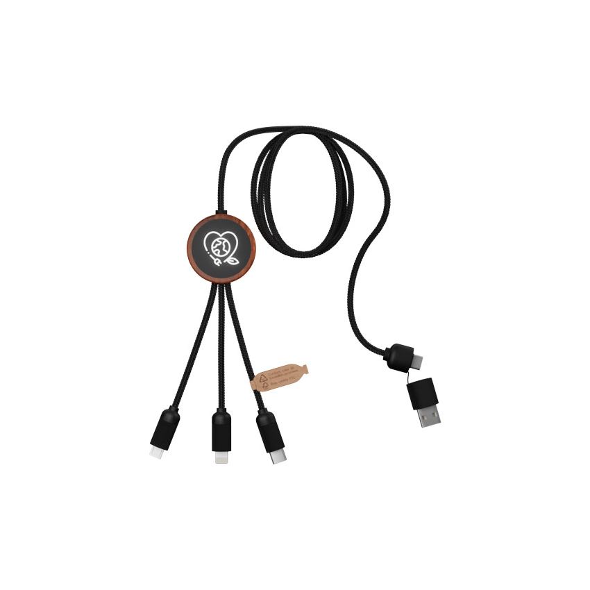 Cable de carga de 40 W con logotipo luminoso 5 en 1 de RPET con caja de madera redonda