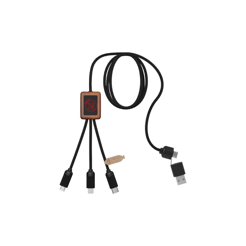 Cable de carga de 40 W con logotipo luminoso RPET 5 en 1 con caja cuadrada de madera