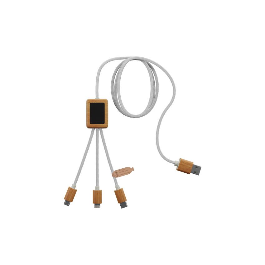 Cable de carga con logotipo luminoso RPET 3 en 1 con caja cuadrada de bambú 