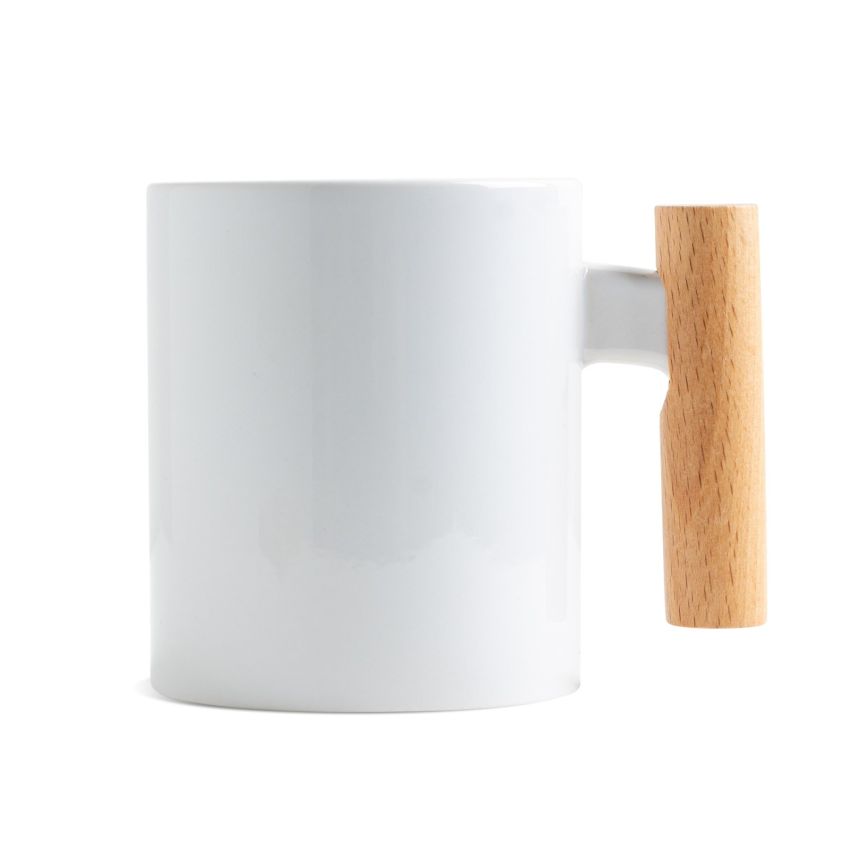 Mugoo Taza de cerámica para sublimación con asa de madera