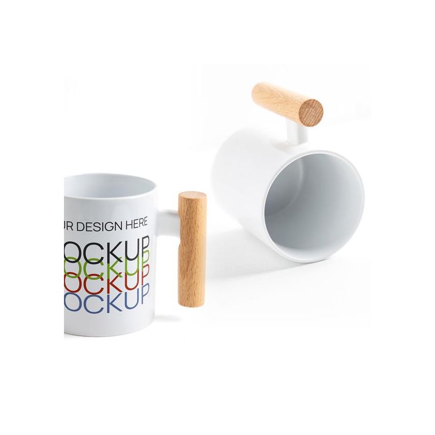 Mugoo Taza de cerámica para sublimación con asa de madera