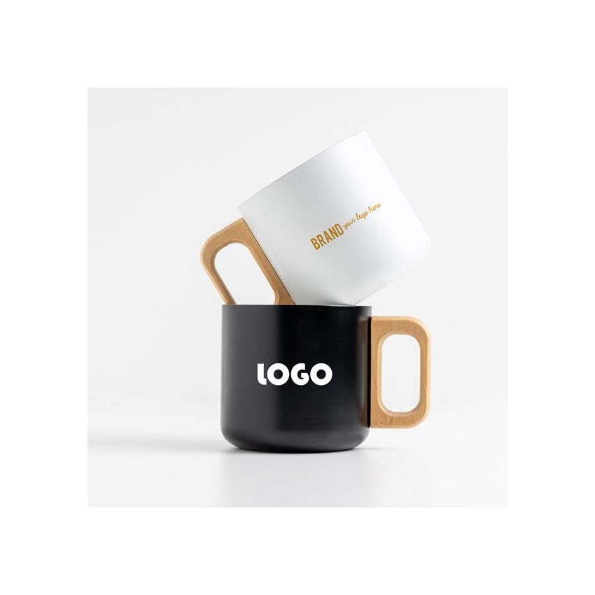 Neosteel Taza de acero inoxidable de doble pared de 350 ml con asa de madera