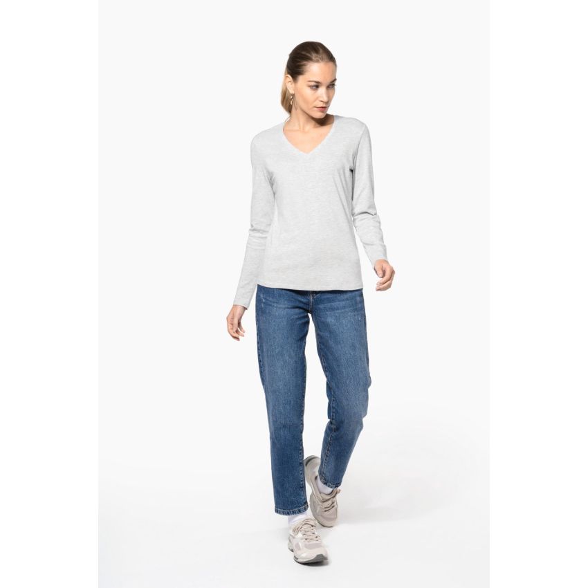 Camiseta de manga larga con cuello en V para mujer
