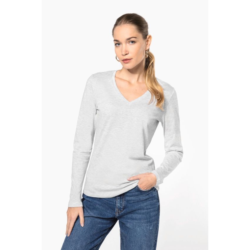 Camiseta de manga larga con cuello en V para mujer