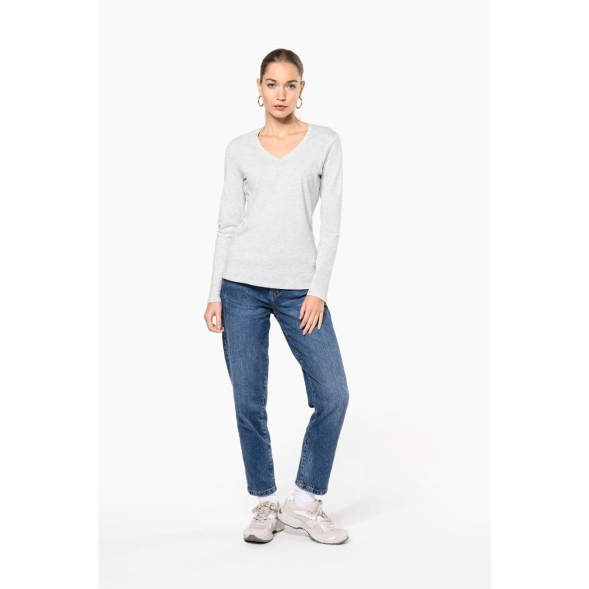 Camiseta de manga larga con cuello en V para mujer