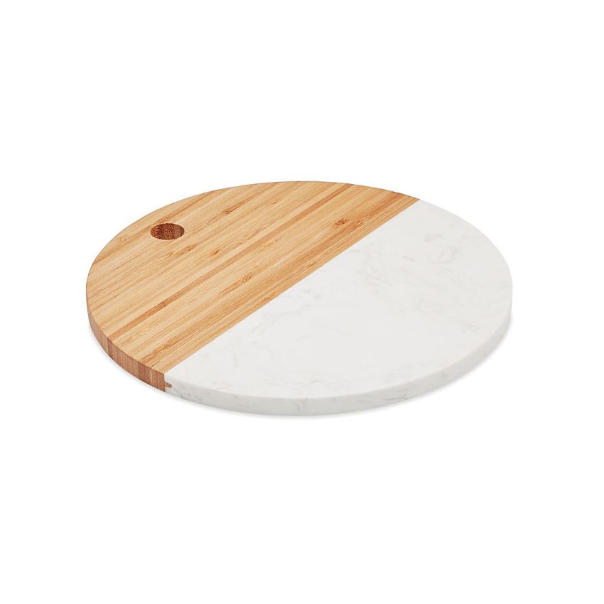 Tabla circular de mármol y bambú