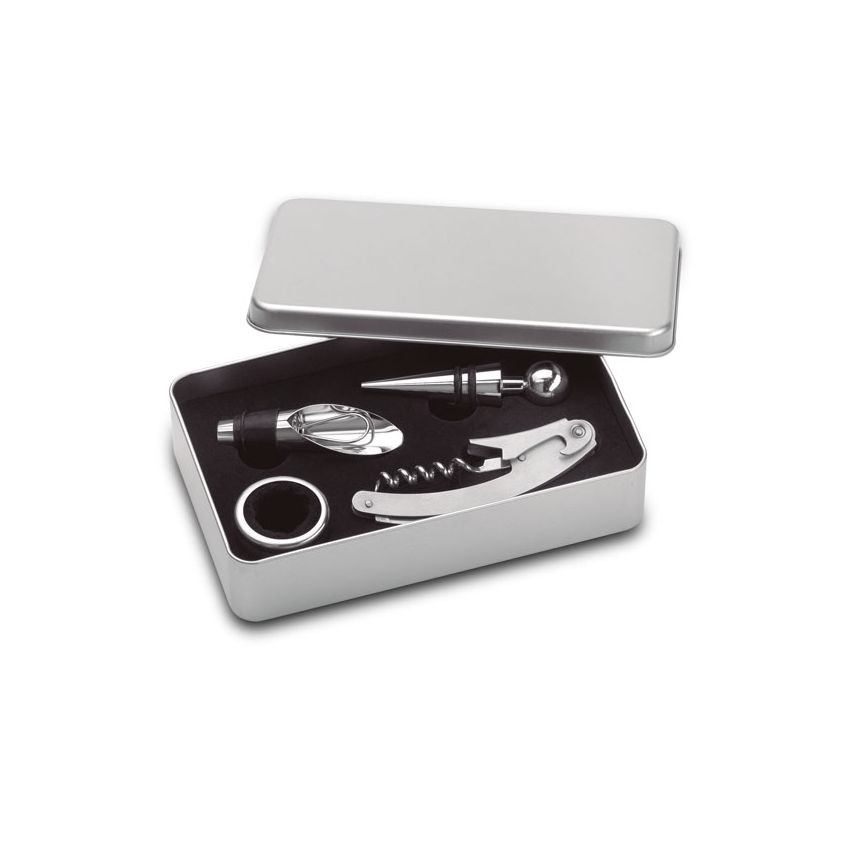Conjunto de vino en caja de metal