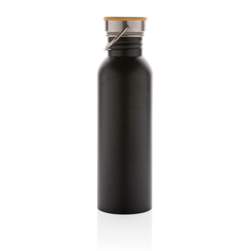 Modern stainless steel bottle with bamboo lid.