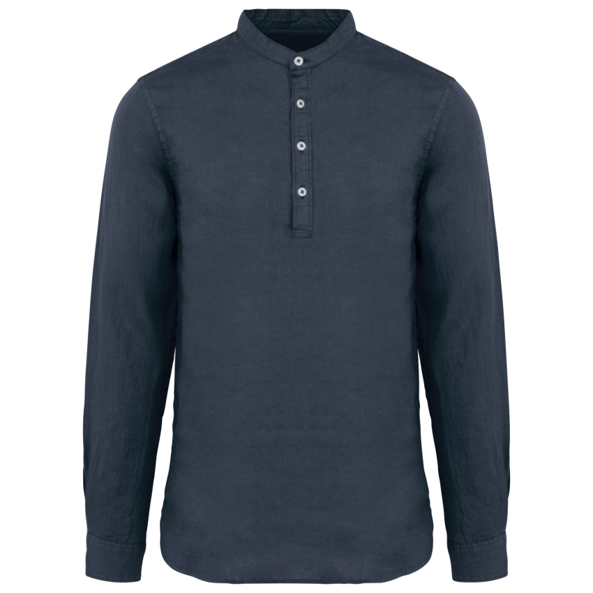 Camisa con cuello mao de aspecto lavado en lino de hombre