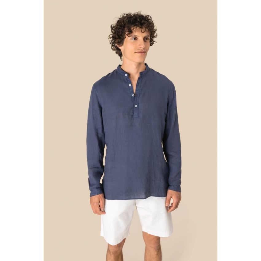 Camisa con cuello mao de aspecto lavado en lino de hombre