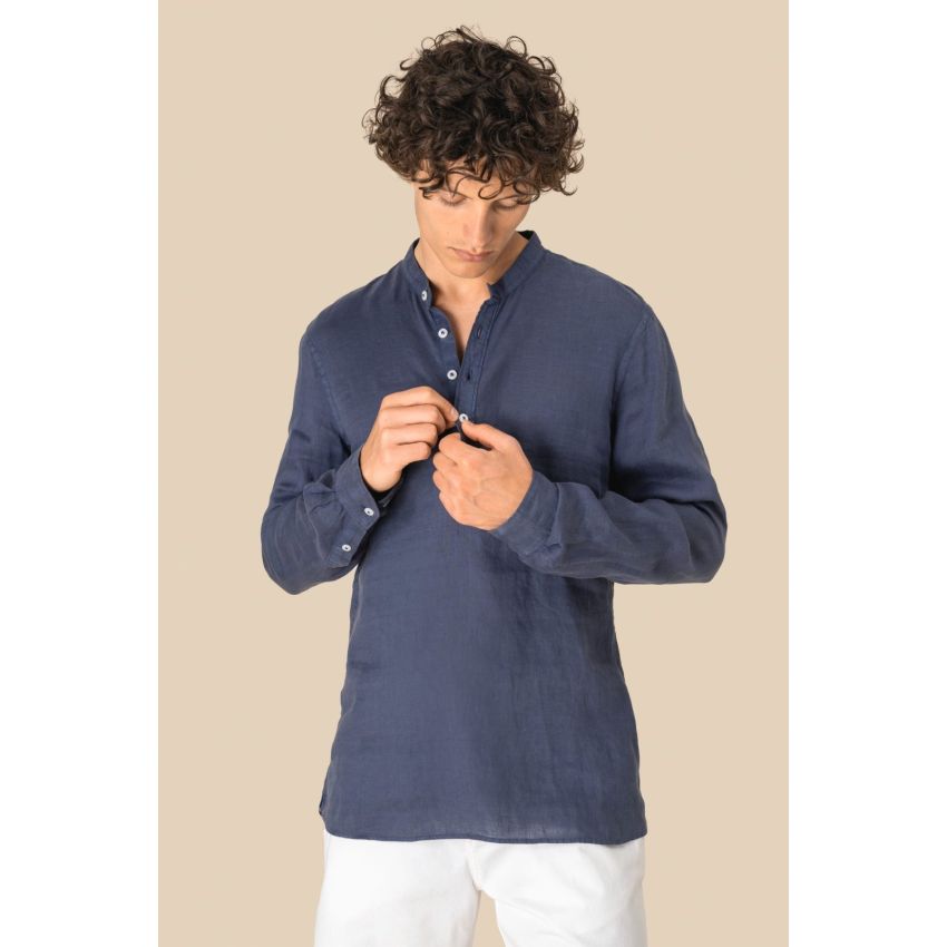 Camisa con cuello mao de aspecto lavado en lino de hombre