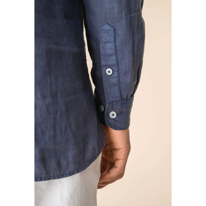 Camisa con cuello mao de aspecto lavado en lino de hombre
