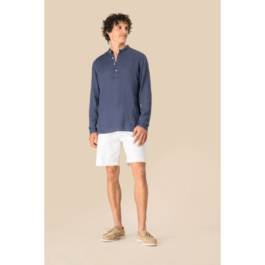 Camisa con cuello mao de aspecto lavado en lino de hombre
