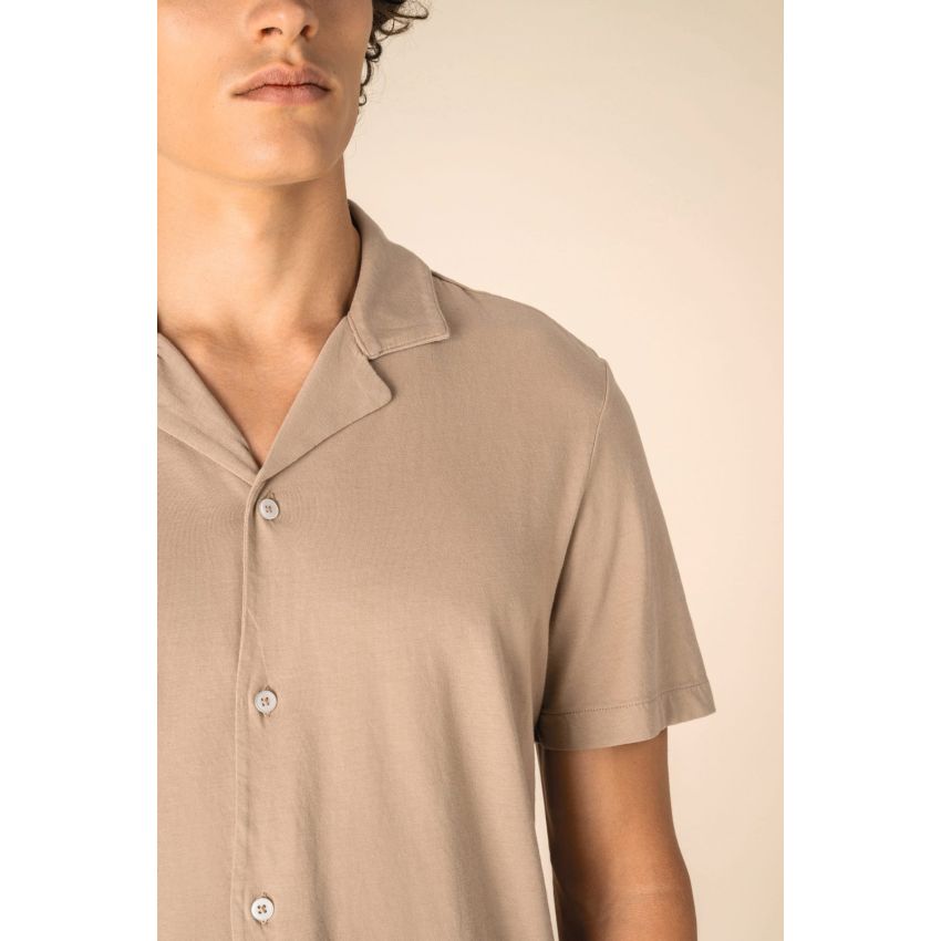 Camisa eco-responsable con aspecto lavado en punto de manga corta con cuello bowling de hombre