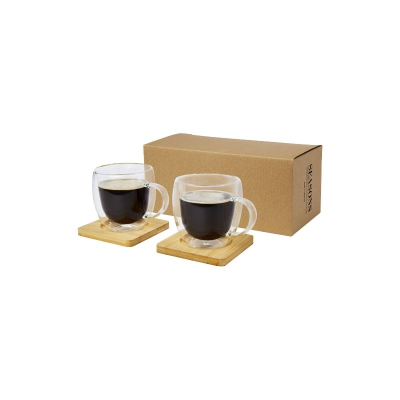 Copo de vidro de parede dupla de 250 ml com base de cupos de bambu de 2 peças "Manti" 