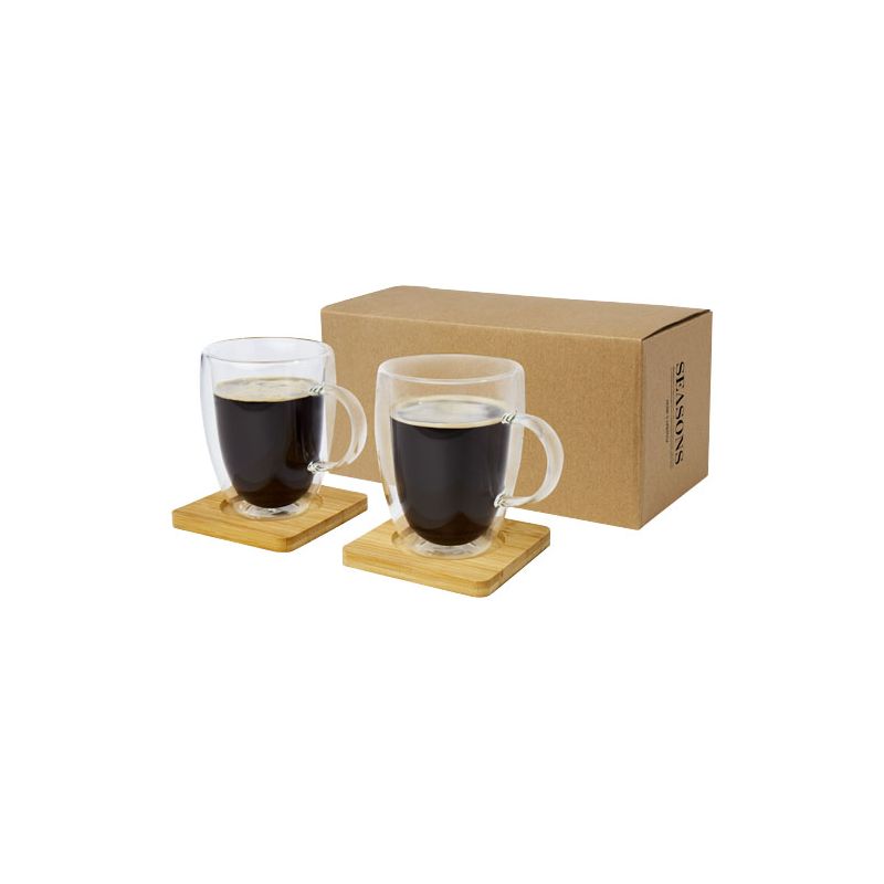 Copo de vidro de parede dupla de 350 ml de 2 peças com base de copos de bambu "Manti" 