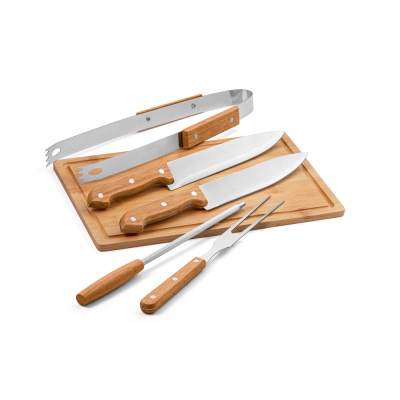 FLARE Conjunto de 5 piezas para barbacoa en madera y acero inoxidable y una tabla de bambú