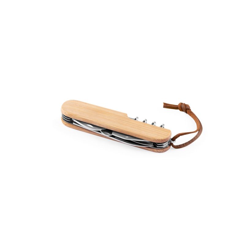 RYKER Navaja multiusos de bambú y acero inoxidable con cuerda de PU