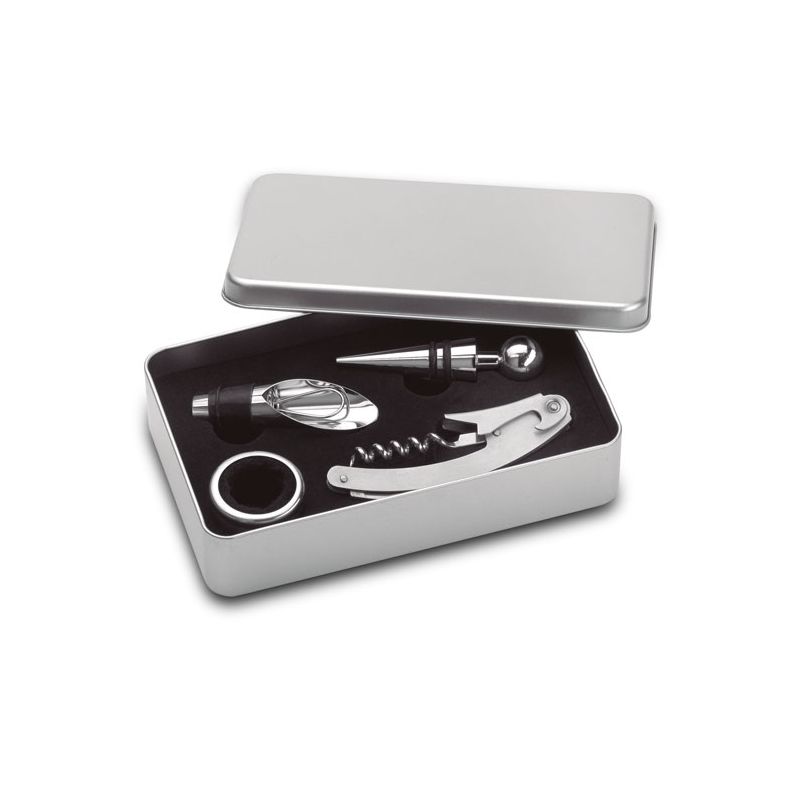 Conjunto de vino en caja de metal