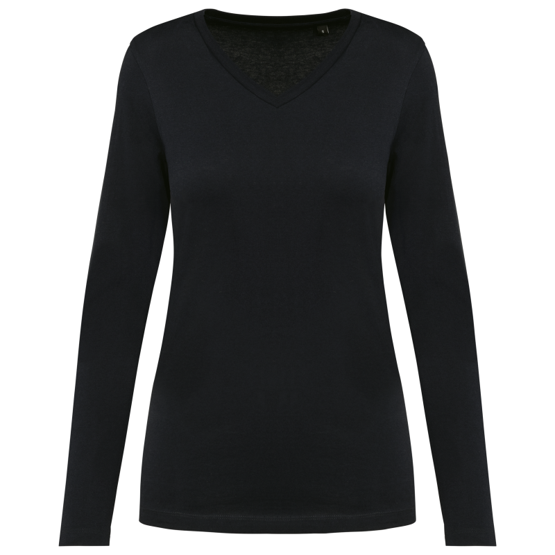 T-shirt Supima®  decote V de manga comprida de senhora